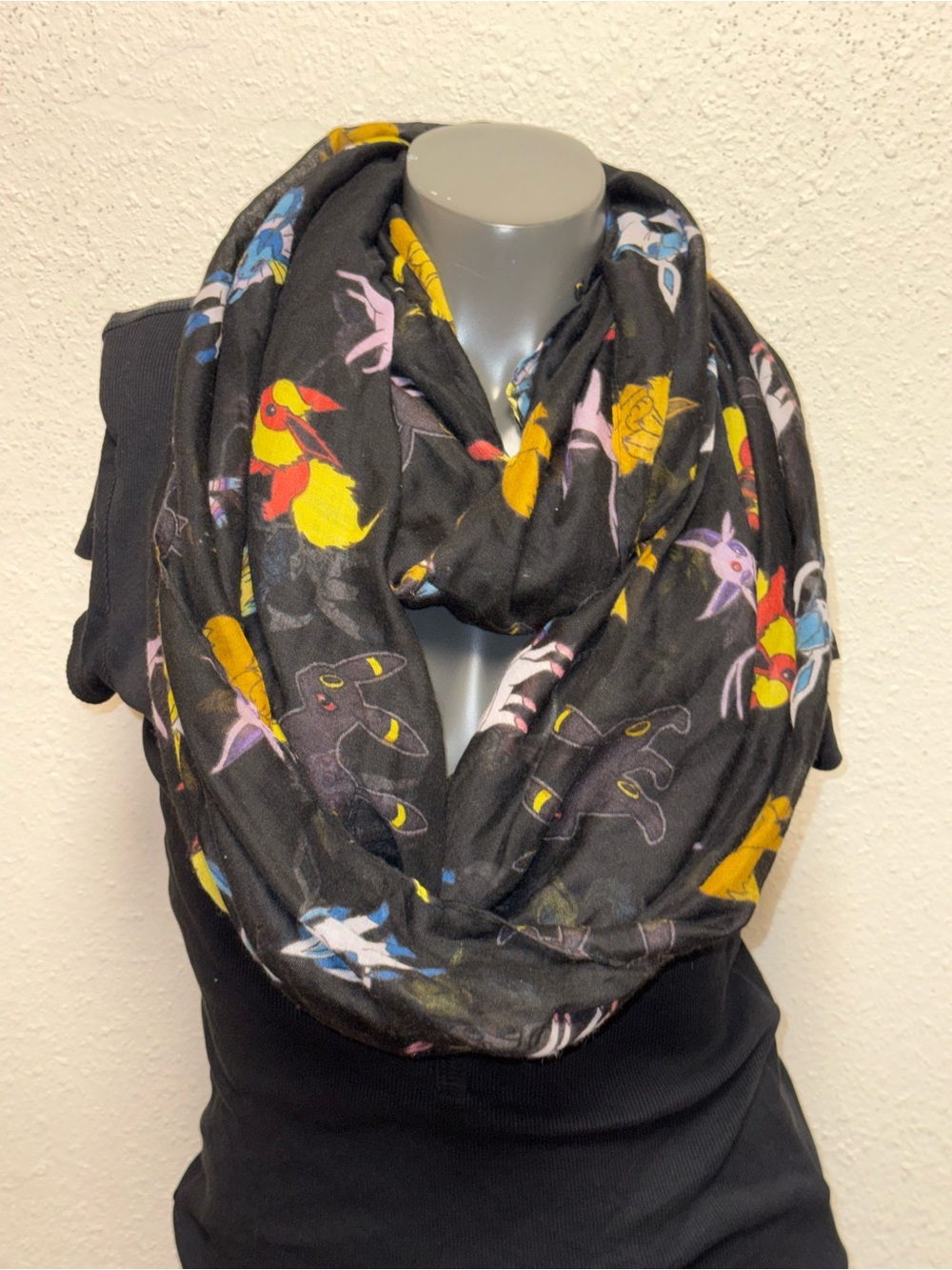 Bioworld Black Infinity Scarf with Yellow, Pink, Blue and Red Character Motifs